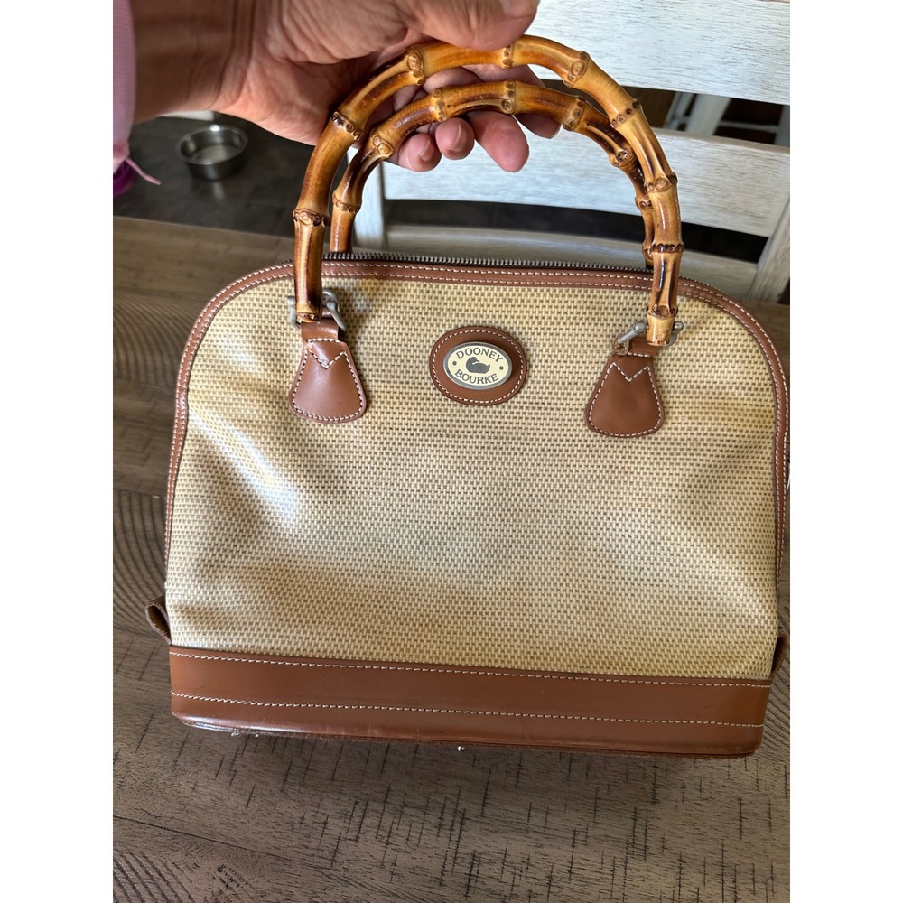 Vintage Dooney & Bourke Woven Canvas Leather Bamboo Handle Satchel Bag Crossbody